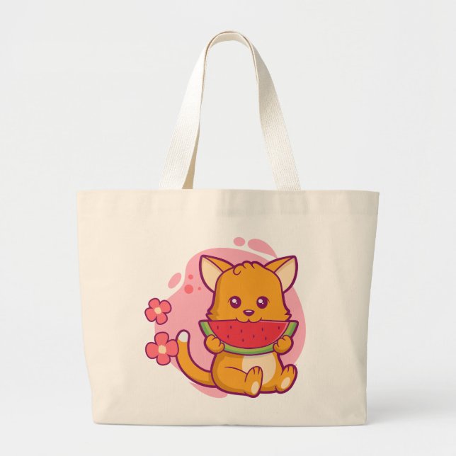 Grand Tote Bag Cute Chat Manger Watermelon | Kawaii (Devant)