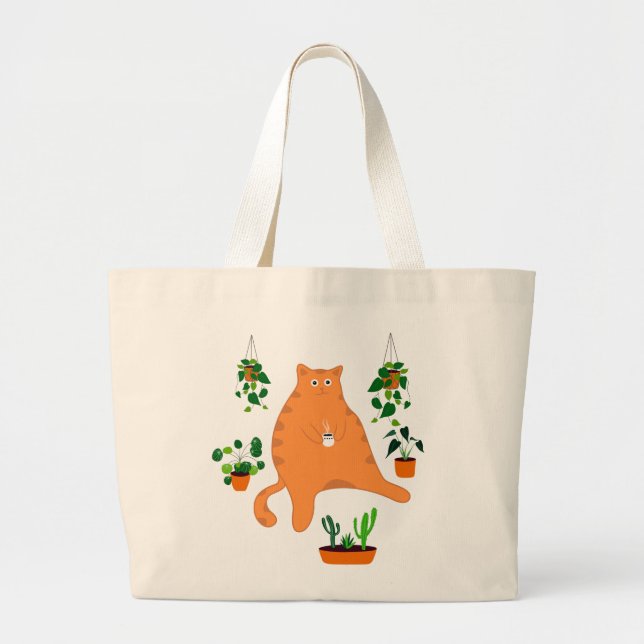 Grand Tote Bag Cute Chat Orange Avec Plante, Mignonne Cadeau Chat (Devant)