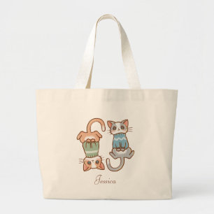 Grand Tote Bag Cute chat Twins Grey et Orange Kitty Kawaii