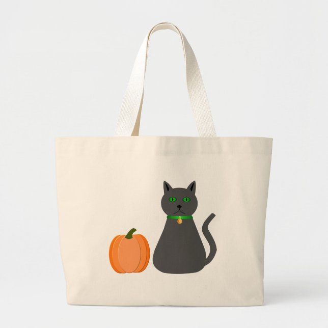 Grand Tote Bag Cute Halloween Chat et Citrouille (Devant)