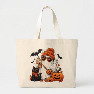 Grand Tote Bag Cute Halloween Ghost & Black Cat – Spooky Autumn