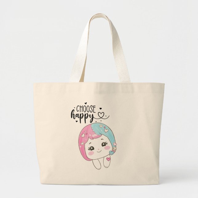 Grand Tote Bag Cute Kawaii “Choose Happy”  – Adorable Posi (Devant)