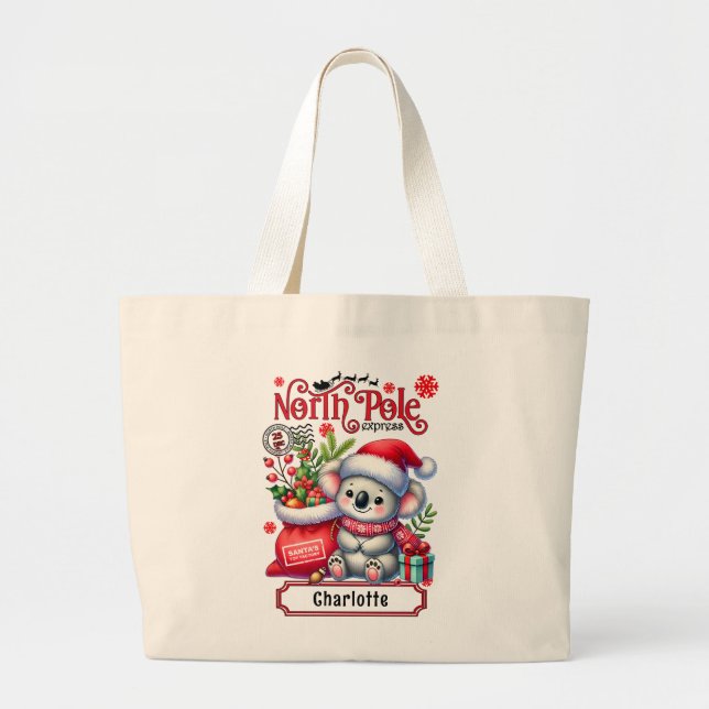 Grand Tote Bag Cute Koala Chirstmas Nom personnalisé (Devant)