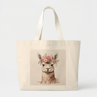 Grand Tote Bag Cute Llama Alpaca et Fleur disent Amour