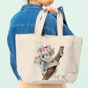 Grand Tote Bag Cute Modern Watercolor Floral Koala Personalized
