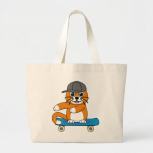 Grand Tote Bag Cute Orange Chat sur Skateboard Cartoon