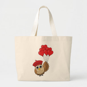 Grand Tote Bag Cute Owl Flying with Heart Balloons