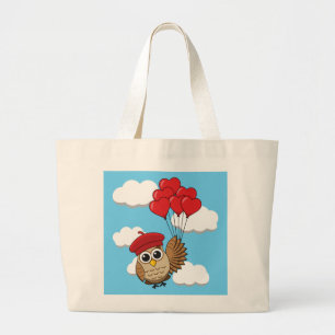 Grand Tote Bag Cute Owl Flying with Heart Balloons
