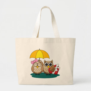 Grand Tote Bag Cute Owl Lovers w/ Umbrella & Red Chocolate Box