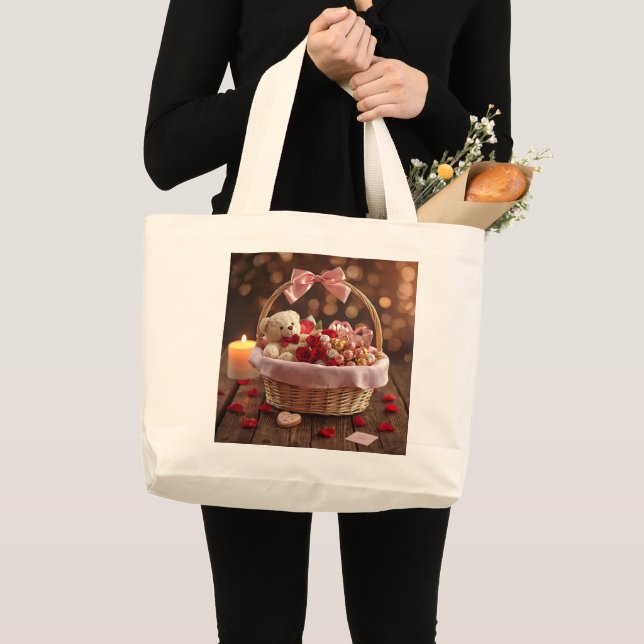 Grand Tote Bag Cute Teddy Rose Basket Romantic Valentine (Devant (produit))