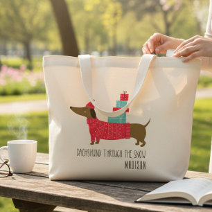 Grand Tote Bag Dachshund À travers la neige Noël Chien Nom de pla