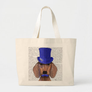 Grand Tote Bag Dachshund avec chapeau bleu et moustache bleue