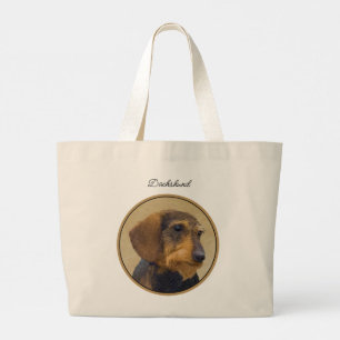 Grand Tote Bag Dachshund Peinture Fil cheveux noir & Tan Dog Art