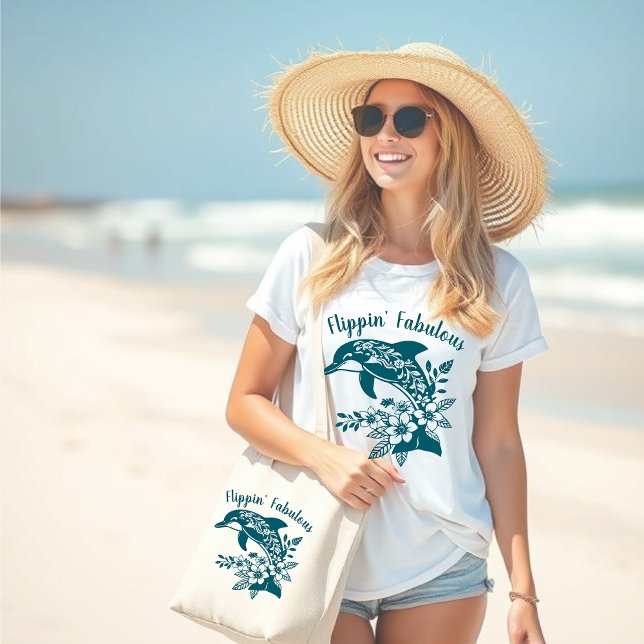 Grand Tote Bag Dauphin Hawaïen Flippin' Fabuleux pêcheur Core- (Flippin Fabulous-Hawaiian Dolphin-Tropical Flowers-Fisherman Core-Beach bag-Large Beach Bag-Teal)