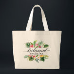 Grand Tote Bag Demoiselle d'honneur de calligraphie florale tropi<br><div class="desc">Sac à main grand tote demoiselle d'honneur de calligraphie de mariage de verdure florale tropicale aquarelle</div>