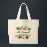 Grand Tote Bag Demoiselle d'honneur de calligraphie florale tropi<br><div class="desc">Sac à main grand tote demoiselle d'honneur de calligraphie de mariage de verdure florale tropicale aquarelle</div>