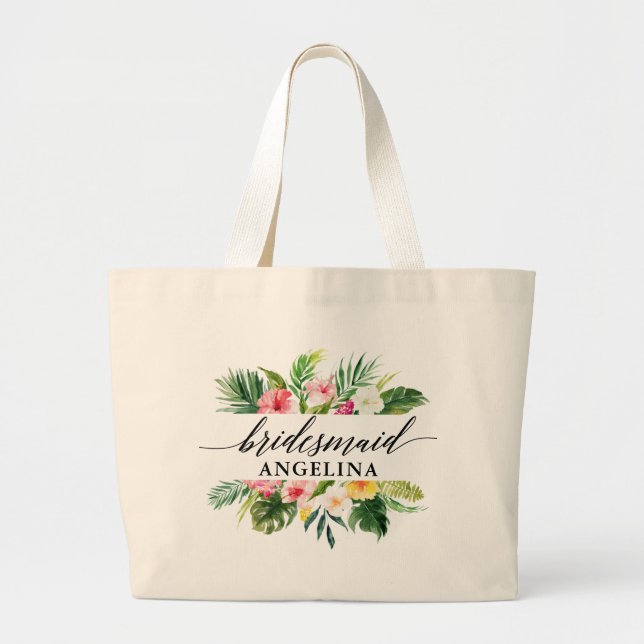 Grand Tote Bag Demoiselle d'honneur de calligraphie florale tropi (Devant)
