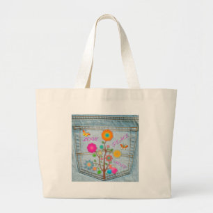 Grand Tote Bag Denim Back Fleurs de poche Paix Aimer Espoir