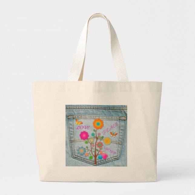 Grand Tote Bag Denim Back Fleurs de poche Paix Aimer Espoir (Devant)
