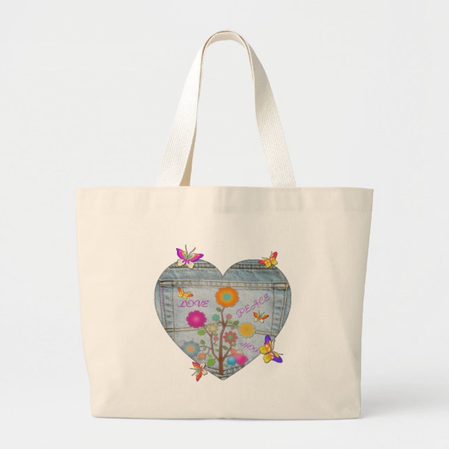 Grand Tote Bag Denim Pocket Fleurs cardiaques Papillons (Devant)