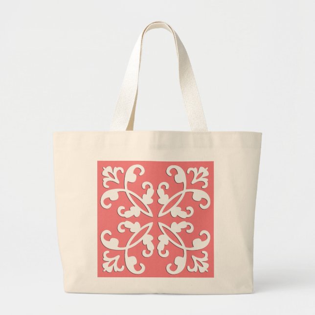 Grand Tote Bag Dentelle découpée - blanc sur rose azalée (Devant)