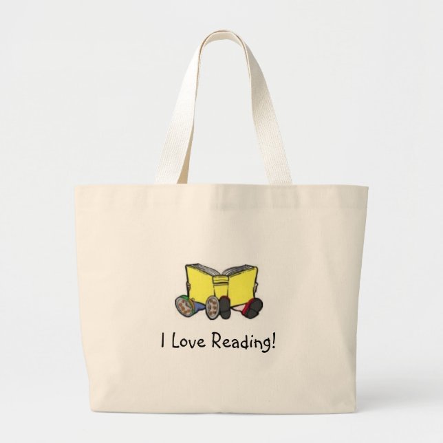 Grand Tote Bag des enfants lisant, j'aime lire ! (Devant)