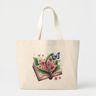 Grand Tote Bag Dessin d'un livre ouvert avec fleur