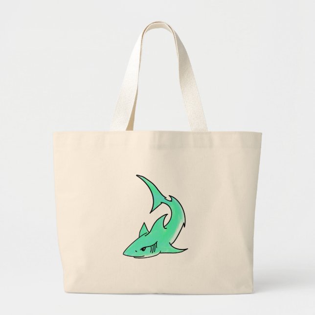 Grand Tote Bag dessin souriant requin menthe bleu vert océan anim (Devant)