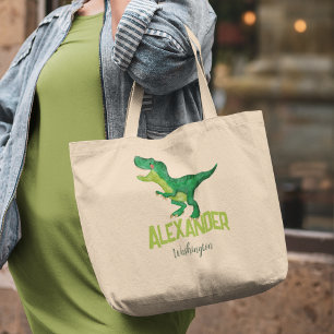 Grand Tote Bag Dinosaure aquarelle avec nom enfant garderie