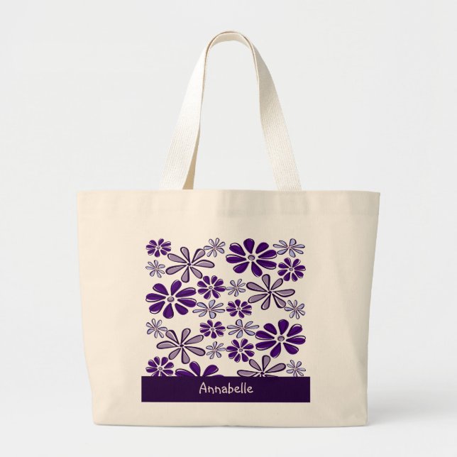 Grand Tote Bag Doodle à fleurs violet foncé Votre nom (Devant)