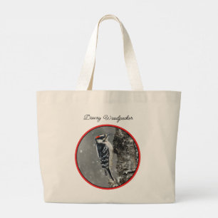 Grand Tote Bag Downy Woodpecker en hiver Photo originale
