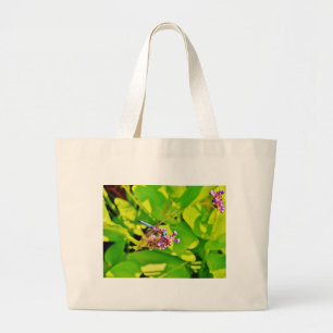 Grand Tote Bag Dragonfly de couleur arc-en-ciel sur une fleur ros