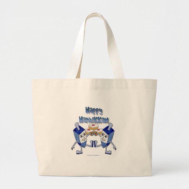 Grand Tote Bag Dreidels de Hanoukka dansants et beignets de gelée (Devant)