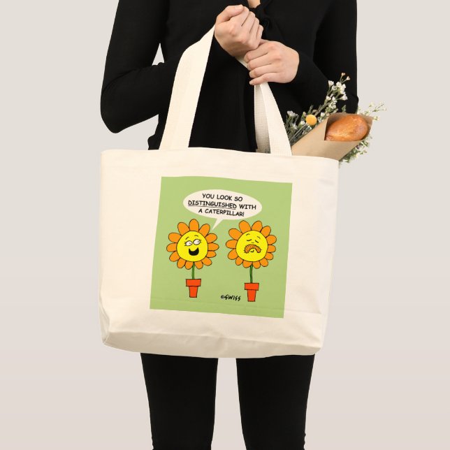 Grand Tote Bag Drôle Fleurs et Caterpillar Moustache dessin (Devant (produit))