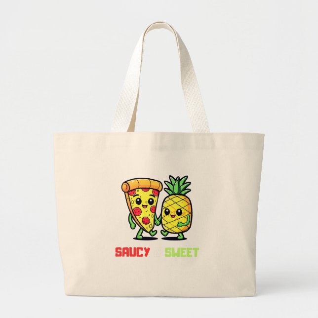 Grand Tote Bag Drôle mignon Kawaii Pizza Ananas Amis Saucy (Devant)