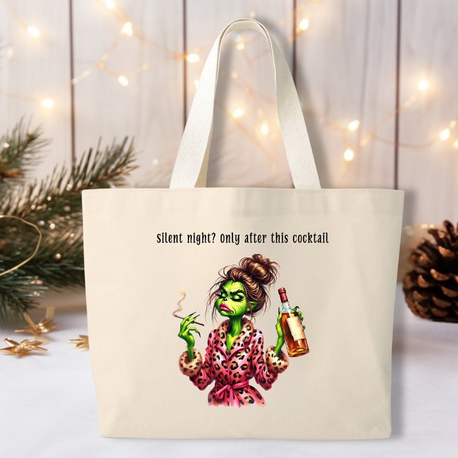 Grand Tote Bag Drôle Noël Grumpy Green Furry Femmes (Créateur téléchargé)