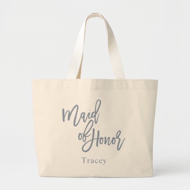 Grand Tote Bag Dusty Blue Demoiselle d'Honneur Écriture Script (Devant)