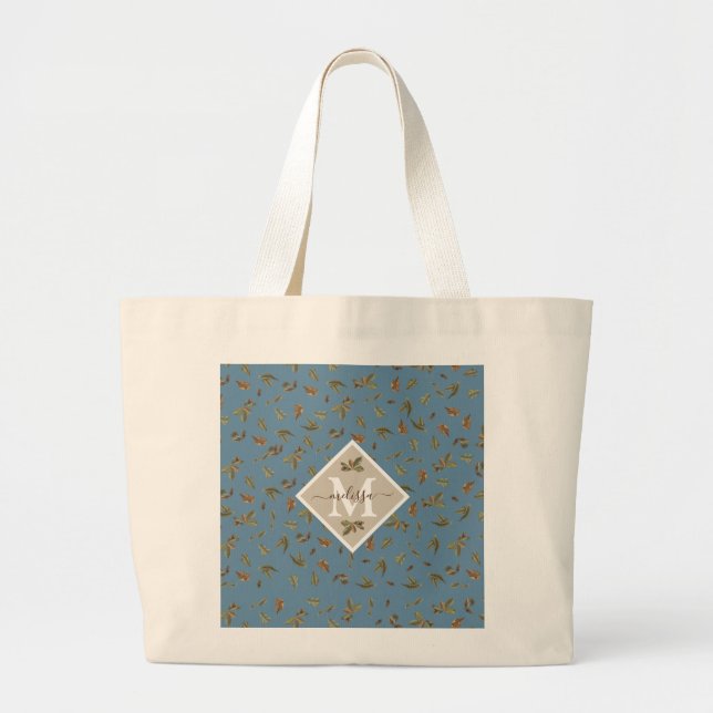 Grand Tote Bag Dusty Blue Rustic Feuilles Brown Monogramme (Devant)