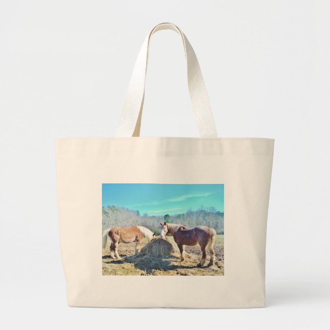 Grand Tote Bag Ébauche secourue Chevaux mangeant foin (Devant)
