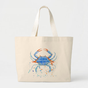 Grand Tote Bag Éclaboussure de peinture de crabe bleu d'aquarelle