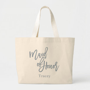 Grand Tote Bag Écriture de demoiselle d'honneur bleu poussiéreux