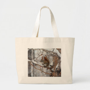 Grand Tote Bag Écureuil d'hiver, neige et baies rouges Conception