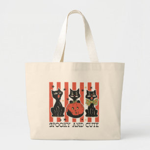 Grand Tote Bag Éffrayant et mignon - Chat noir et Citrouille