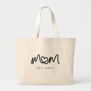 Grand Tote Bag Élégant Écriture Noir Cœur Nouvelle Maman Établie