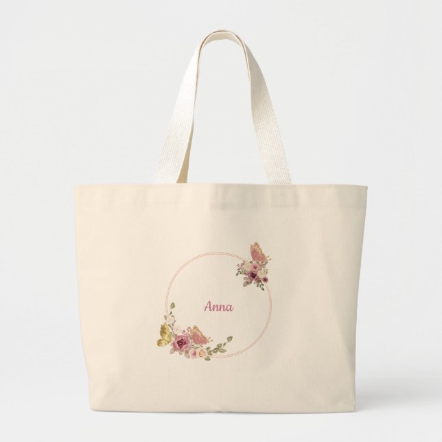Grand Tote Bag Elegant Floral Butterfly Rose Gold – Personalized (Devant)