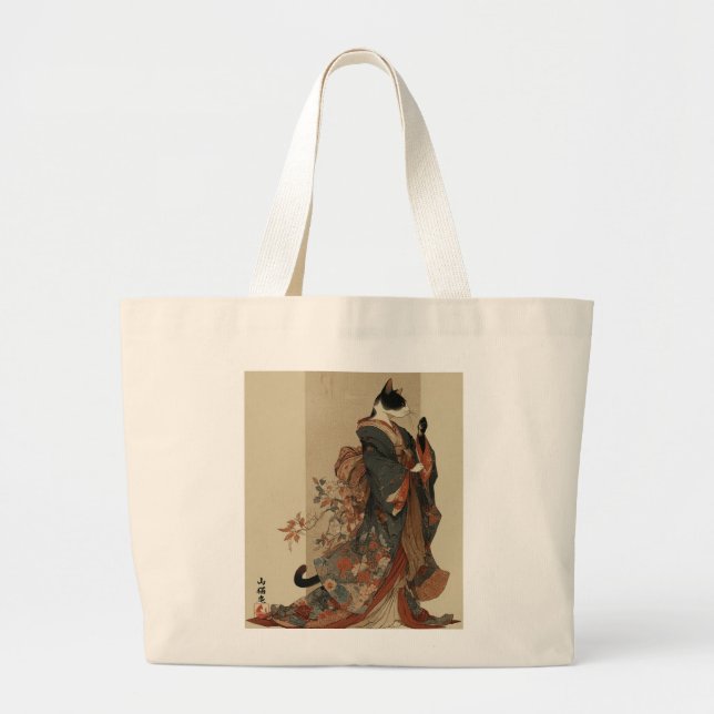 Grand Tote Bag "Elegant Grace" Japanese Cat in Kimono Art (Devant)