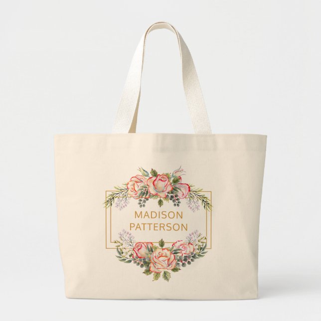 Grand Tote Bag Élégant Personnalisé Aquarelle Floral Chic Féminin (Devant)