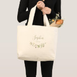 Grand Tote Bag Élégant script Boho Fleur sauvage bridesmaid<br><div class="desc">Elégant design délicat fleur sauvage d'aquarelle, palettes pastel de jaune tendre, blanc cassé, vert sauge, rose poussiéreux, rose roux, bordeaux, et verdure botanique, avec nom de script personnalisé, simple et romantique. Cadeaux de femme de chambre personnalisés à la fête rustique moderne, fête de mariage boho country jardin au printemps et...</div>