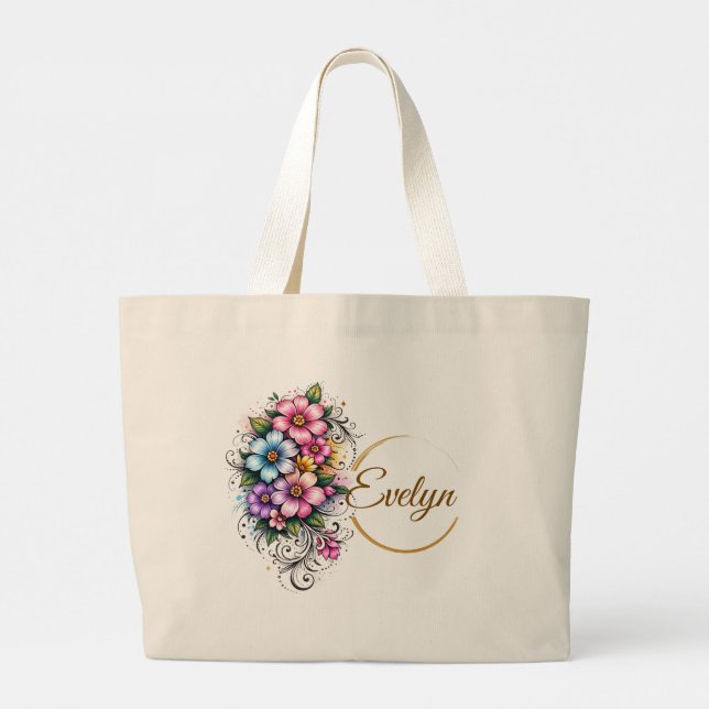 Grand Tote Bag Elegant Vertical Flower Bouquet Illustration (Dos)