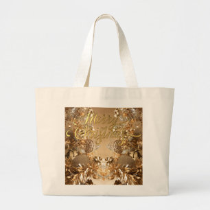 Grand Tote Bag Élégante parties scintillant d'or Snowflakes Joyeu